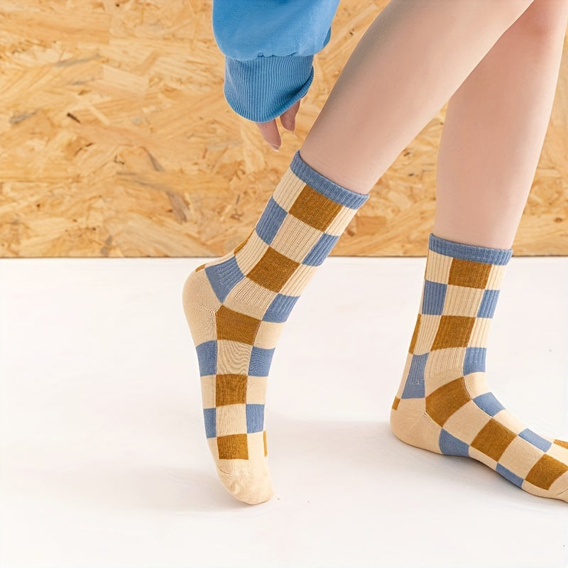 6 Pairs Striped & Plaid Socks Women's Mid Tube Stockings Hosiery