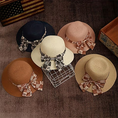 Graffiti Bowknot Sun Hat Wide Brim UV Protection Straw Hat for Women