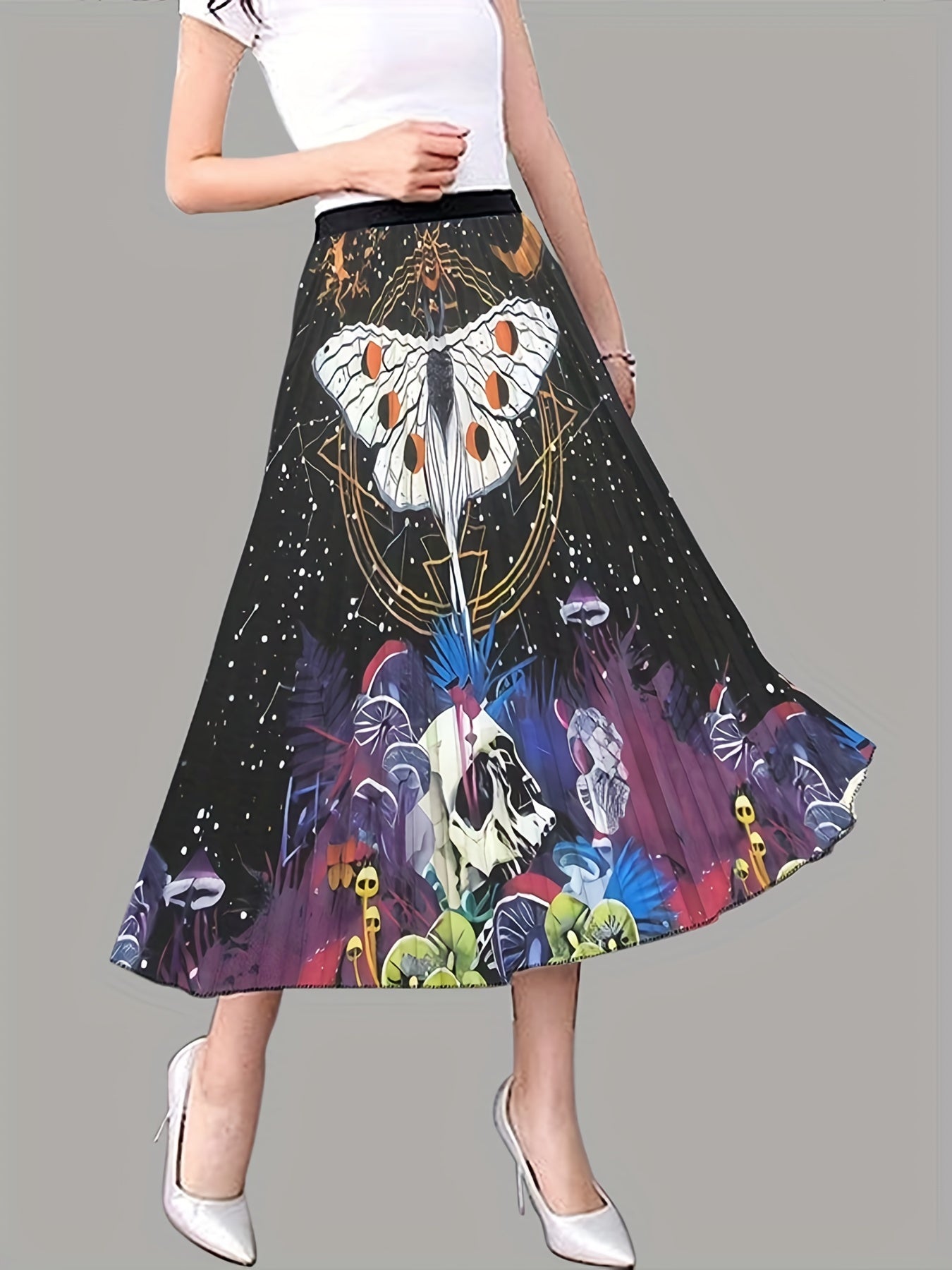 Butterfly Print Pleated Skirt Elastic Waist Swing Skirt