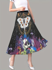 Butterfly Print Pleated Skirt Elastic Waist Swing Skirt