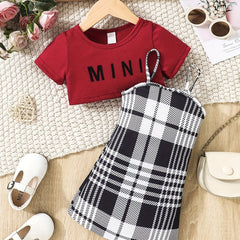Infants Summer Outfit Short Sleeve Tee Top & Cami Dress Set with Suspenders