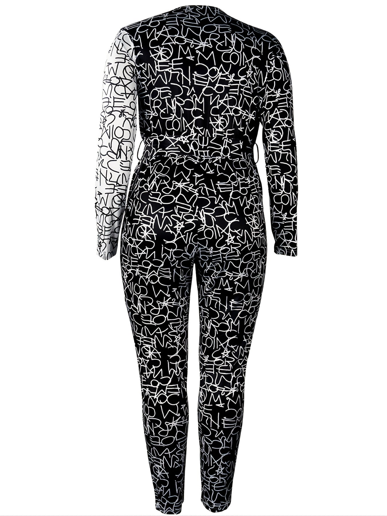 Colorblock Letter Print Long Sleeve Jumpsuit With Belt