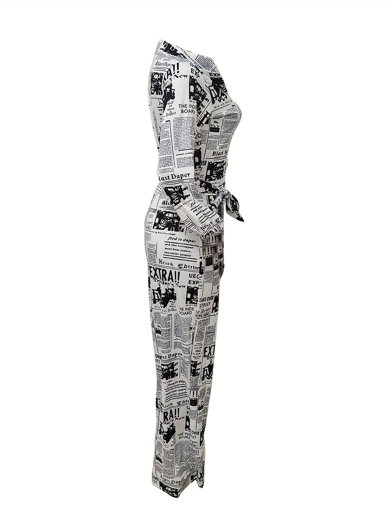 Newspaper Print Tie Front Jumpsuit Casual Button Down One Piece Jumpsuit