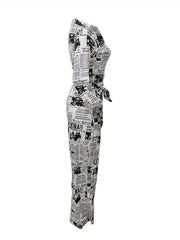 Newspaper Print Tie Front Jumpsuit Casual Button Down One Piece Jumpsuit