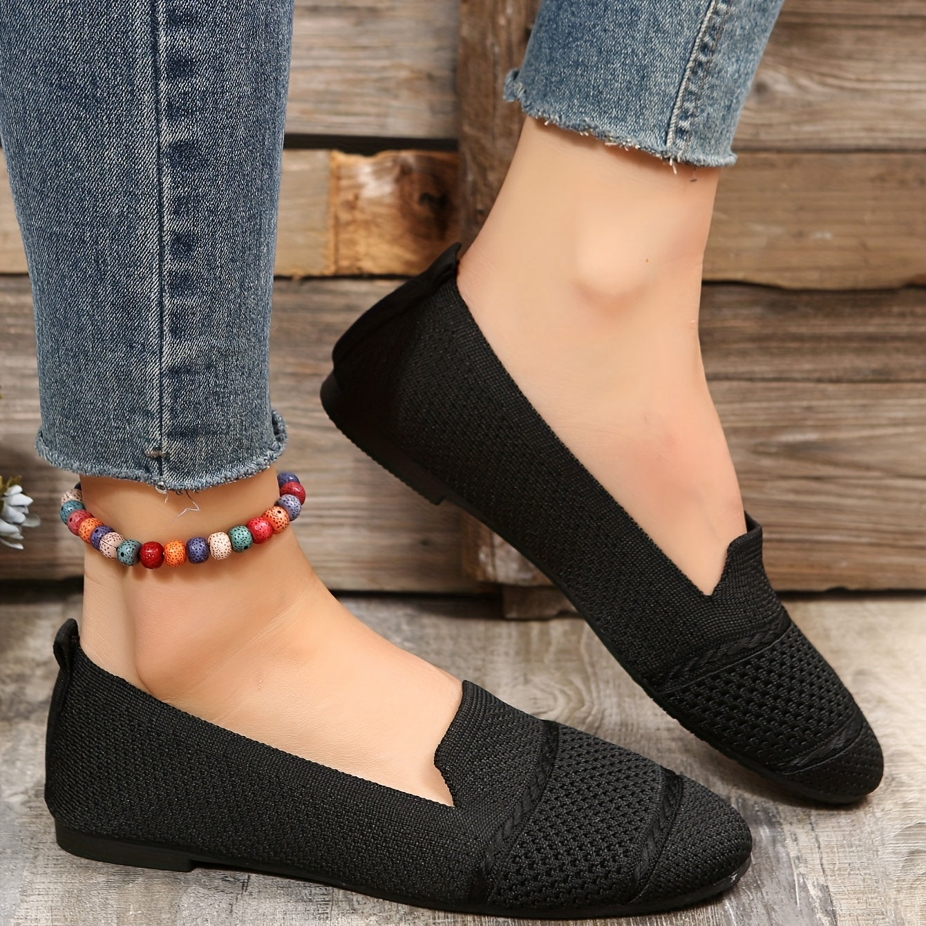Women's Knitted Ballet Flats Soft Sole Slip On Shoes Almond Toe