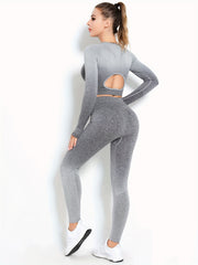 Ombre Hollow Out Long Sleeve Top & Leggings Set, Women's Activewear