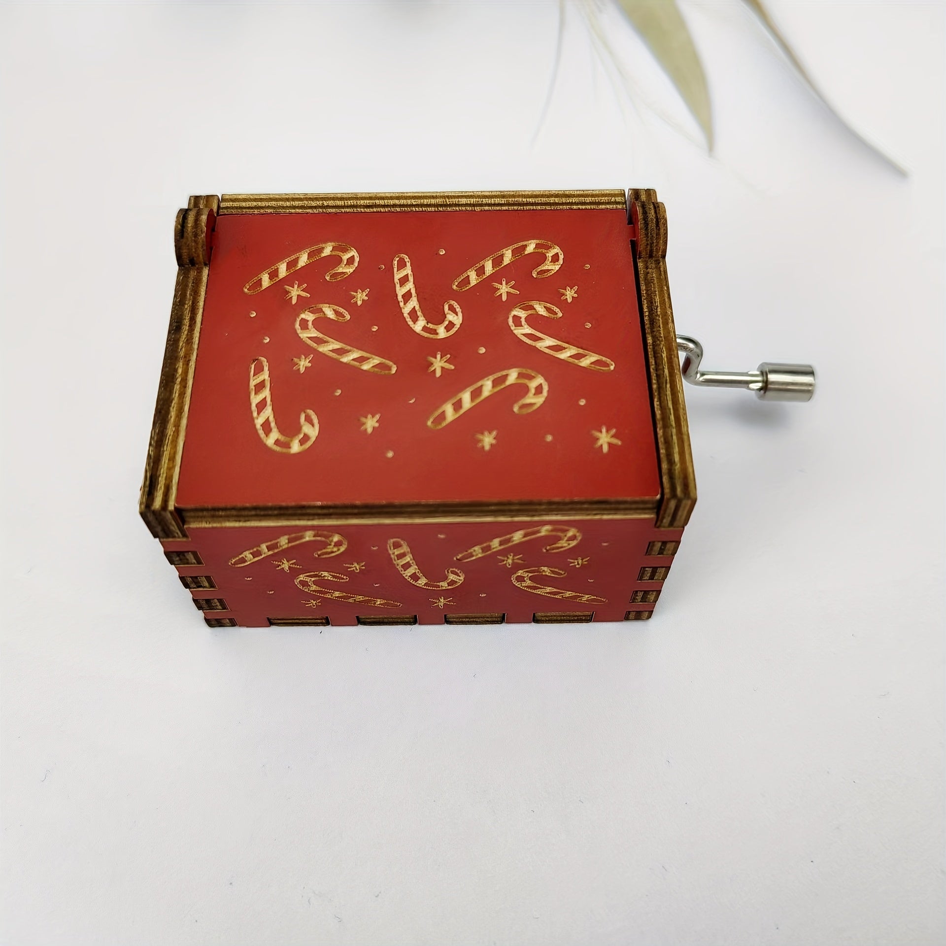 Christmas Music Box Hand Cranked Wooden Red Music Box