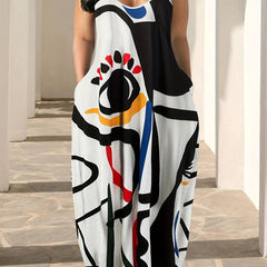 Abstract Figure Print Maxi Dress With Pockets