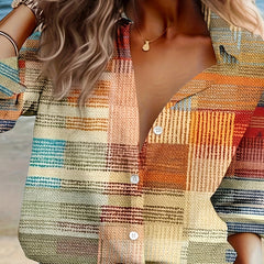 Retro Blouse Women's Colorblock Long Sleeve Button Up