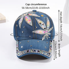 Rhinestone Leaf Patch Baseball Cap Denim Washed Sun Hats