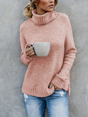 Solid Turtle Neck Pullover Sweater Long Sleeve Split Sweater