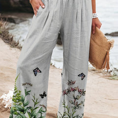 Plus Plant & Butterfly Print Shirred Waist High Rise Wide Leg Trousers