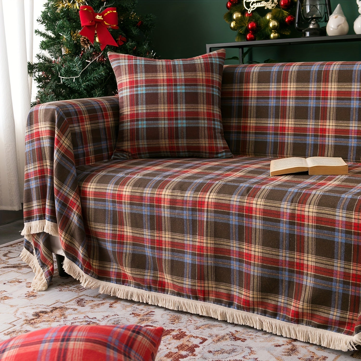 Retro Sofa Slipcover Christmas Coffee Red Woven Plaid Non-slip Sofa Cover