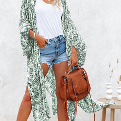 Green Print Fringed Beach Cardigan Casual Loose Cover Ups Kimono