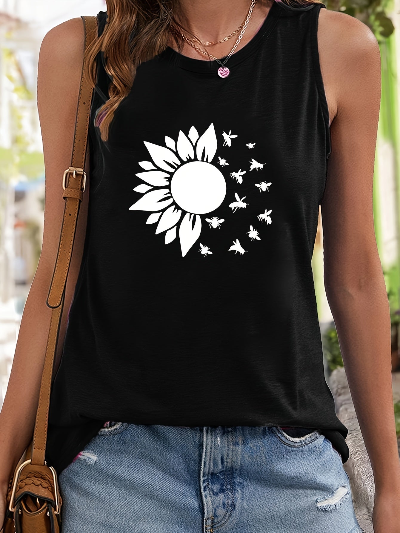 Sunflower & Insect Print Sleeveless Sports Vest Stretchy Casual Tops