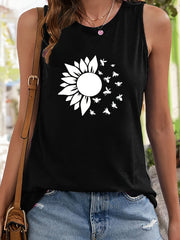 Sunflower & Insect Print Sleeveless Sports Vest Stretchy Casual Tops