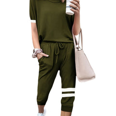 Casual Two-Piece Set Crew Neck Long Sleeve Tops & Drawstring Striped Pants