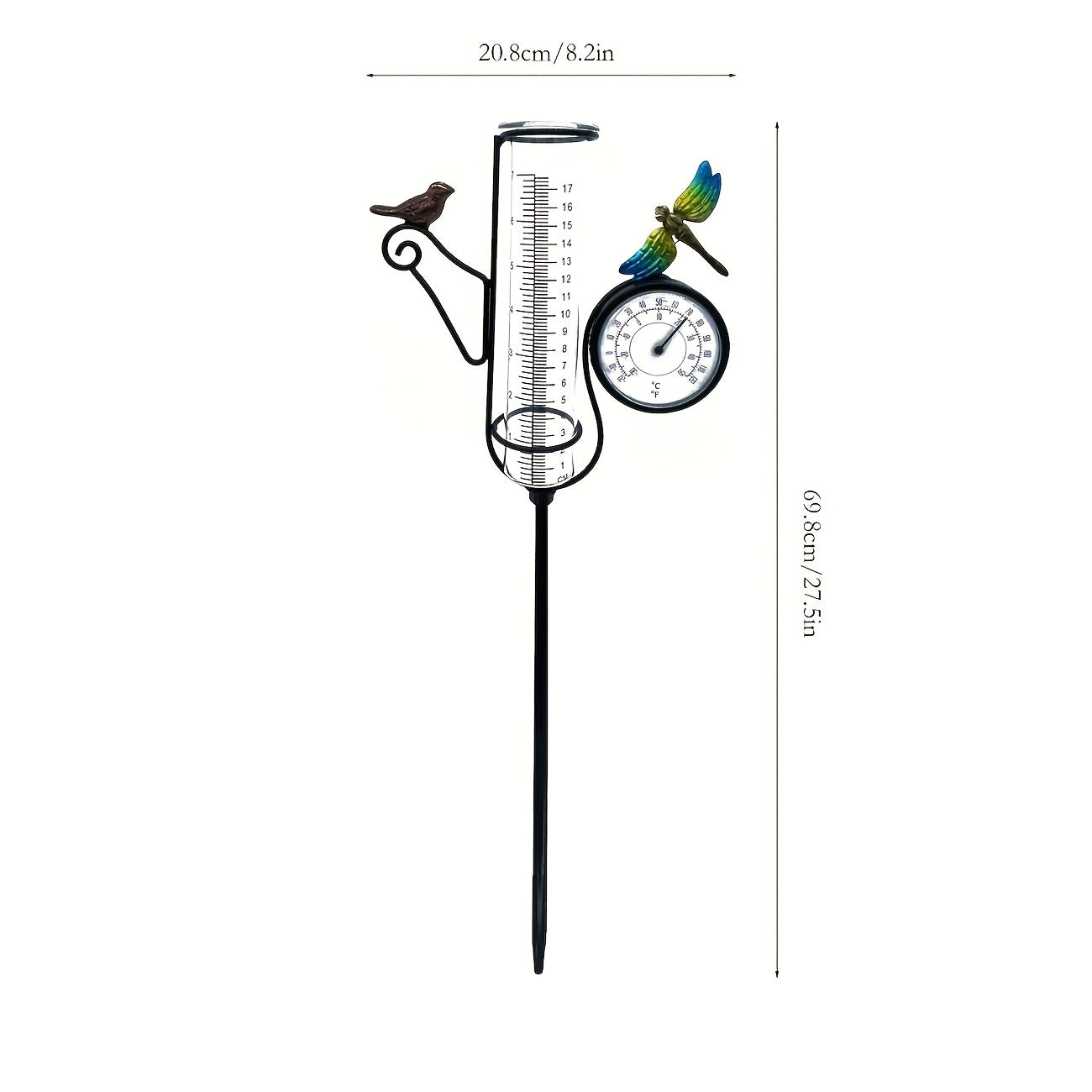 Outdoor Bird & Dragonfly Art Rain Gauge with Thermometer, 68cm Metal Frame