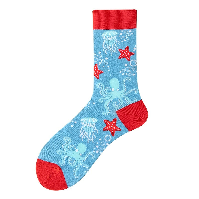 3 Pairs Men's Printed Mid Calf Socks, Breathable & Sweat Absorbent