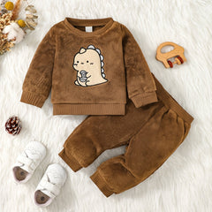 Toddler Boys Dinosaur Plush Pullover Top Pants Set