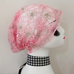Vintage Embroidery Turban Cap Mesh Lace Head Wrap Elastic Beanie Women Bonnet