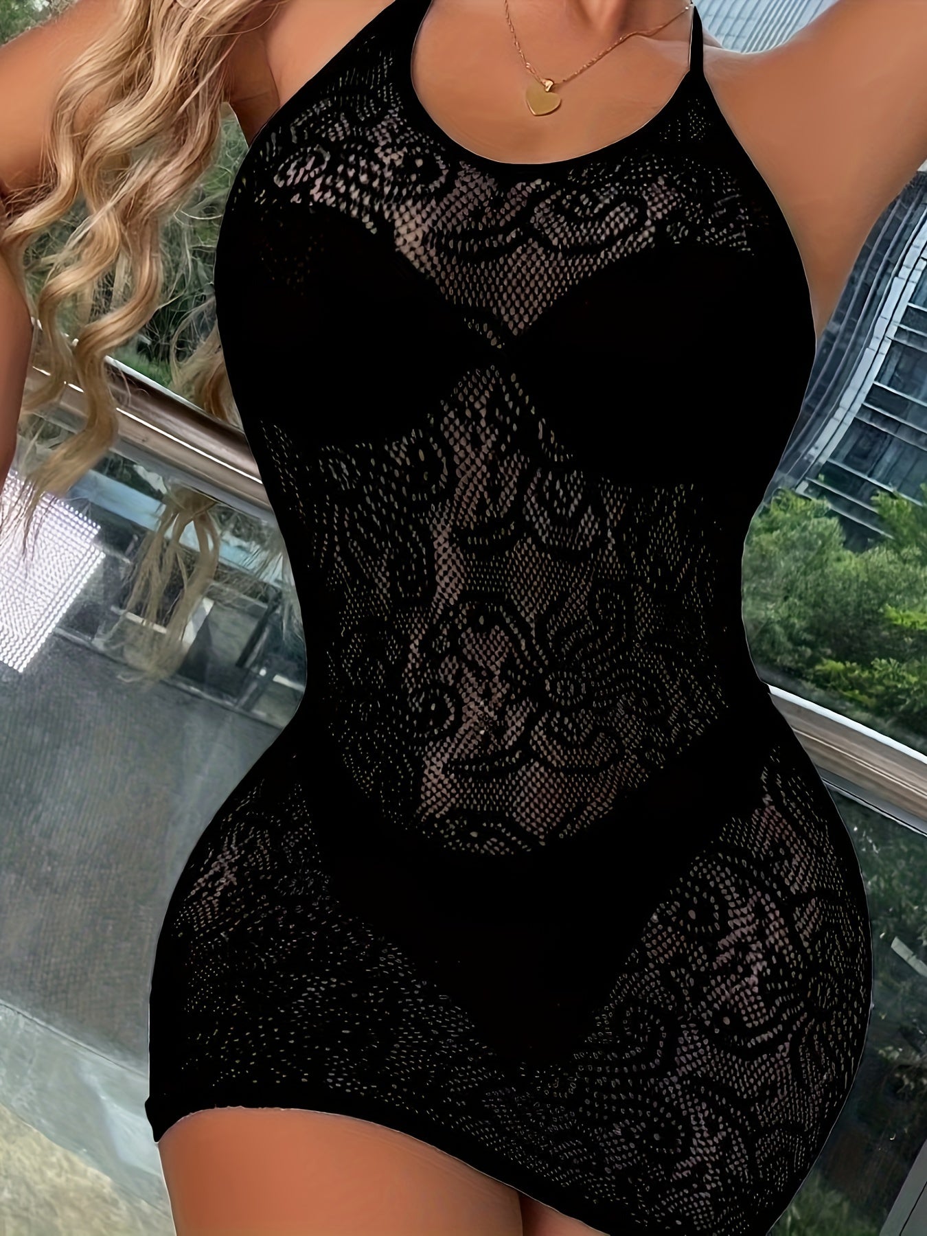 Fishnet Jacquard Dress Backless Bodycon Babydoll