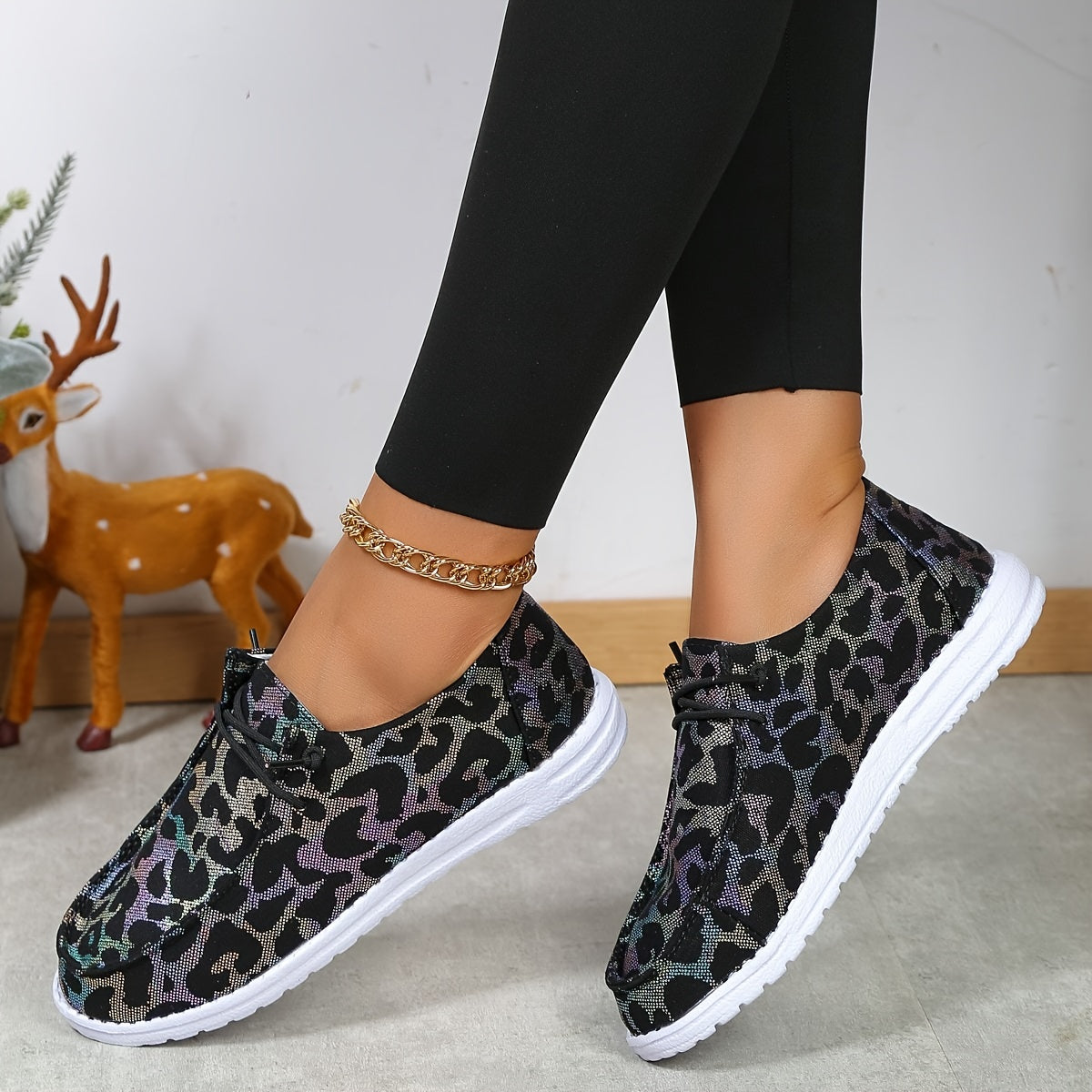 Leopard Printed Lace up Boat Shoes Low Flats Casual Walking Shoes
