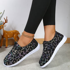 Leopard Printed Lace up Boat Shoes Low Flats Casual Walking Shoes