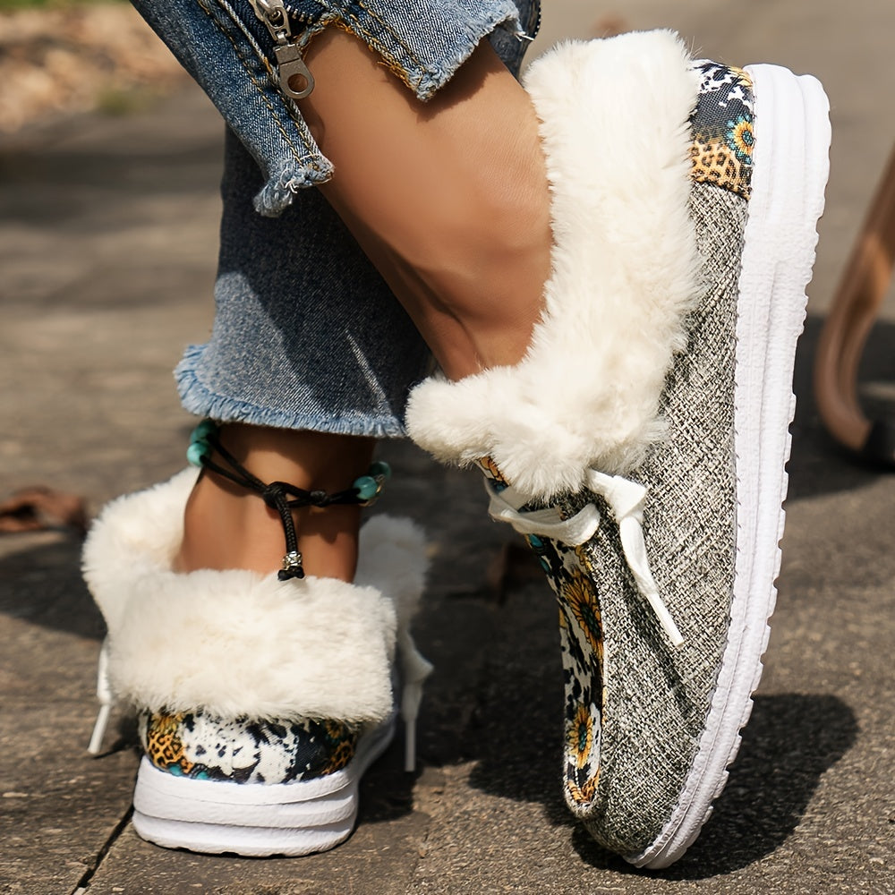 Women's Sunflower Print Fleece Low Top Warm Shoes Lightweight Outdoo