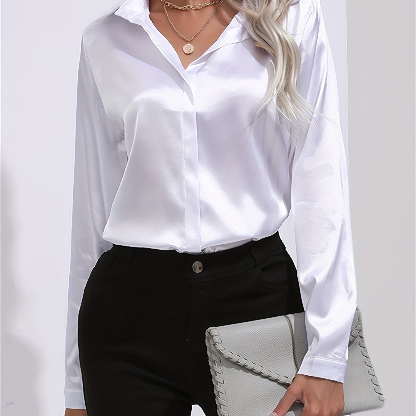 Solid Smoothly Shirt Button Front Turn Down Collar Long Sleeve Shirt