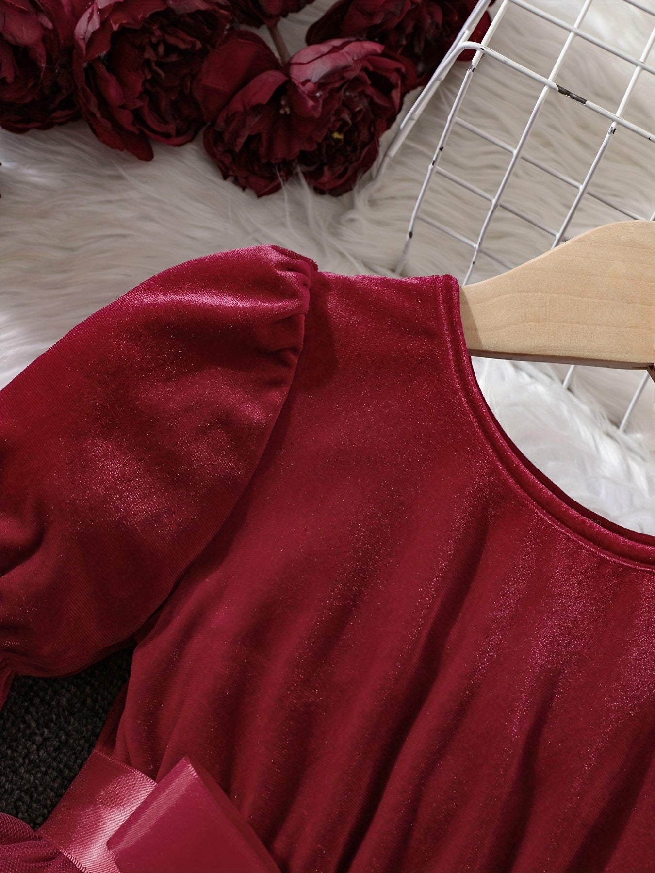 Girls' Christmas Velvet Princess Dress with Lace