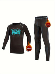 2pcs Kids Warm Compression Base Set STAY WILD Print Tops & Leggings