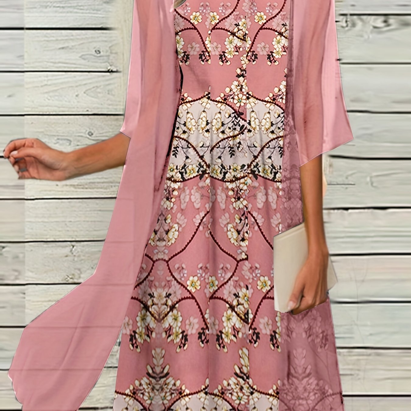 Geometric & Floral Print Tank Dress & Cardigan Set