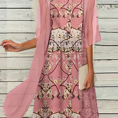 Geometric & Floral Print Tank Dress & Cardigan Set