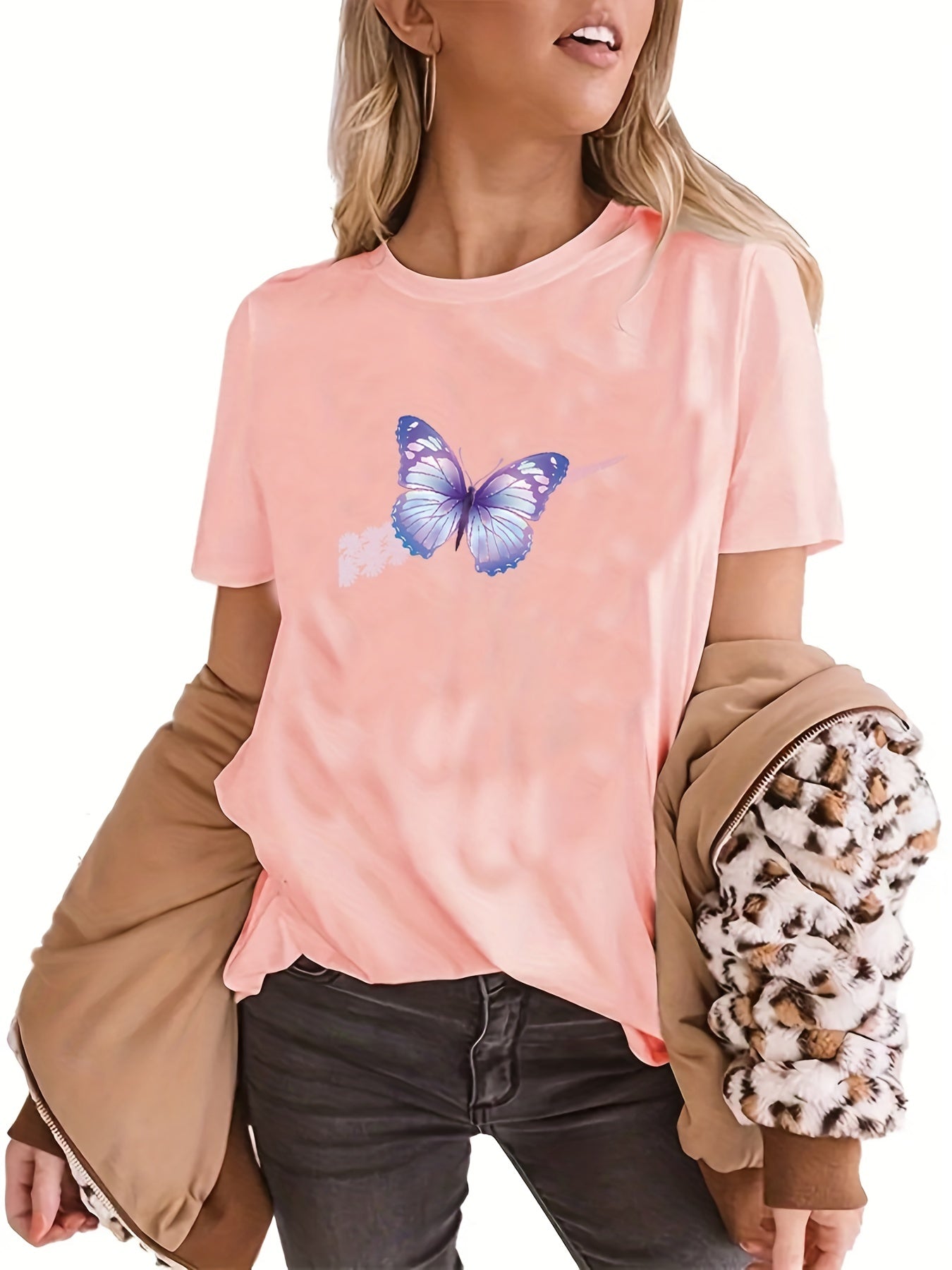 Butterfly Print T-shirt Short Sleeve Crew Neck Streetwear Summer Tee