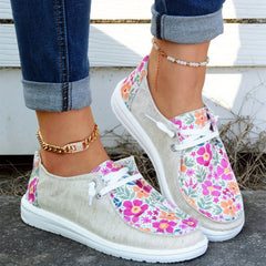 Women's Flower Patchwork Boat Shoes Lace Up Casual Canvas Shoes