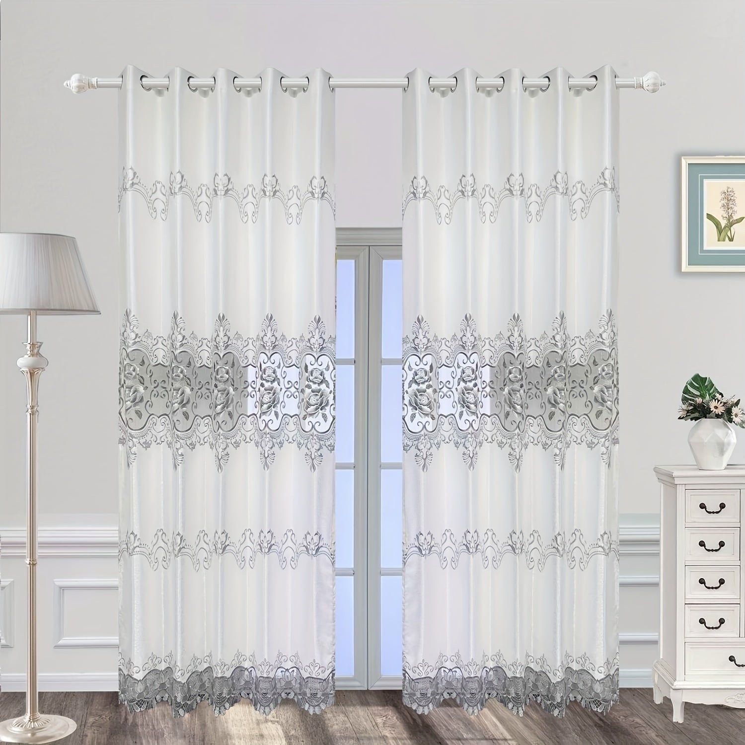 Grey Flower Embroidered Curtain for Home Decor