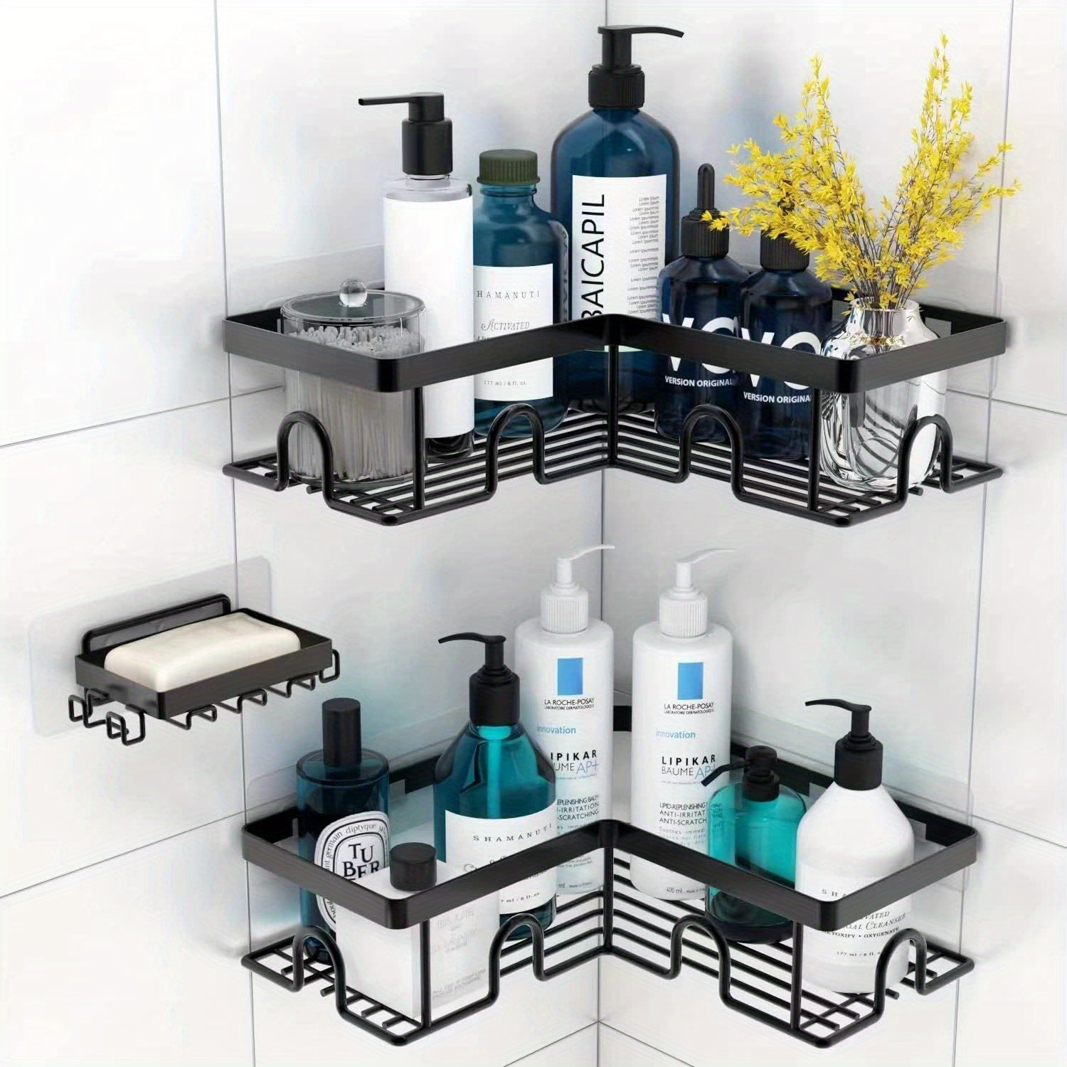 Stainless Steel Corner Shower Caddy with Soap Holder & Canister & Hooks