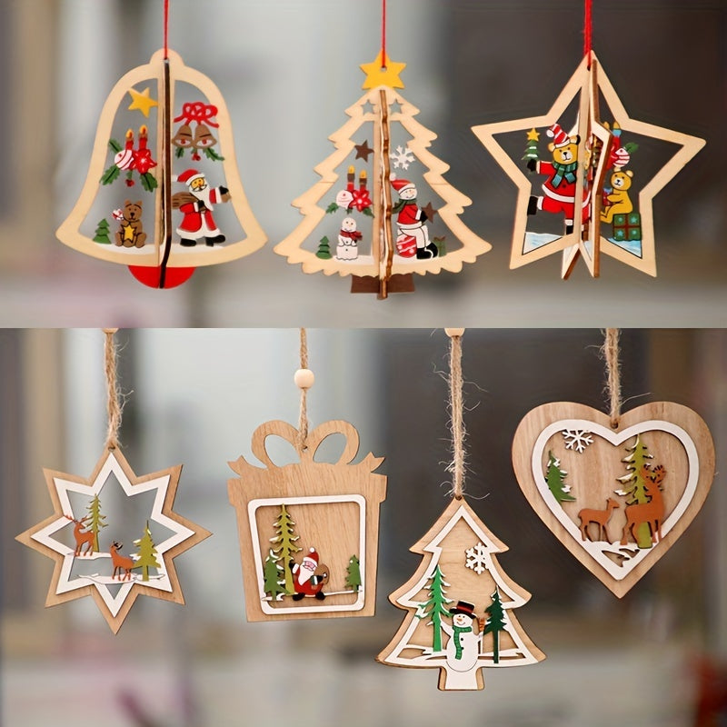 Christmas Wooden Hanging Ornament Set Snowman & Santa Claus Decor