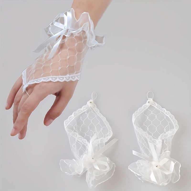 Red Lace Fingerless Bridal Gloves with Rhinestones & Bows