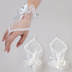 Red Lace Fingerless Bridal Gloves with Rhinestones & Bows