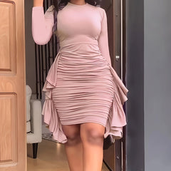 Solid Long Sleeve Ruffle Trim Dress