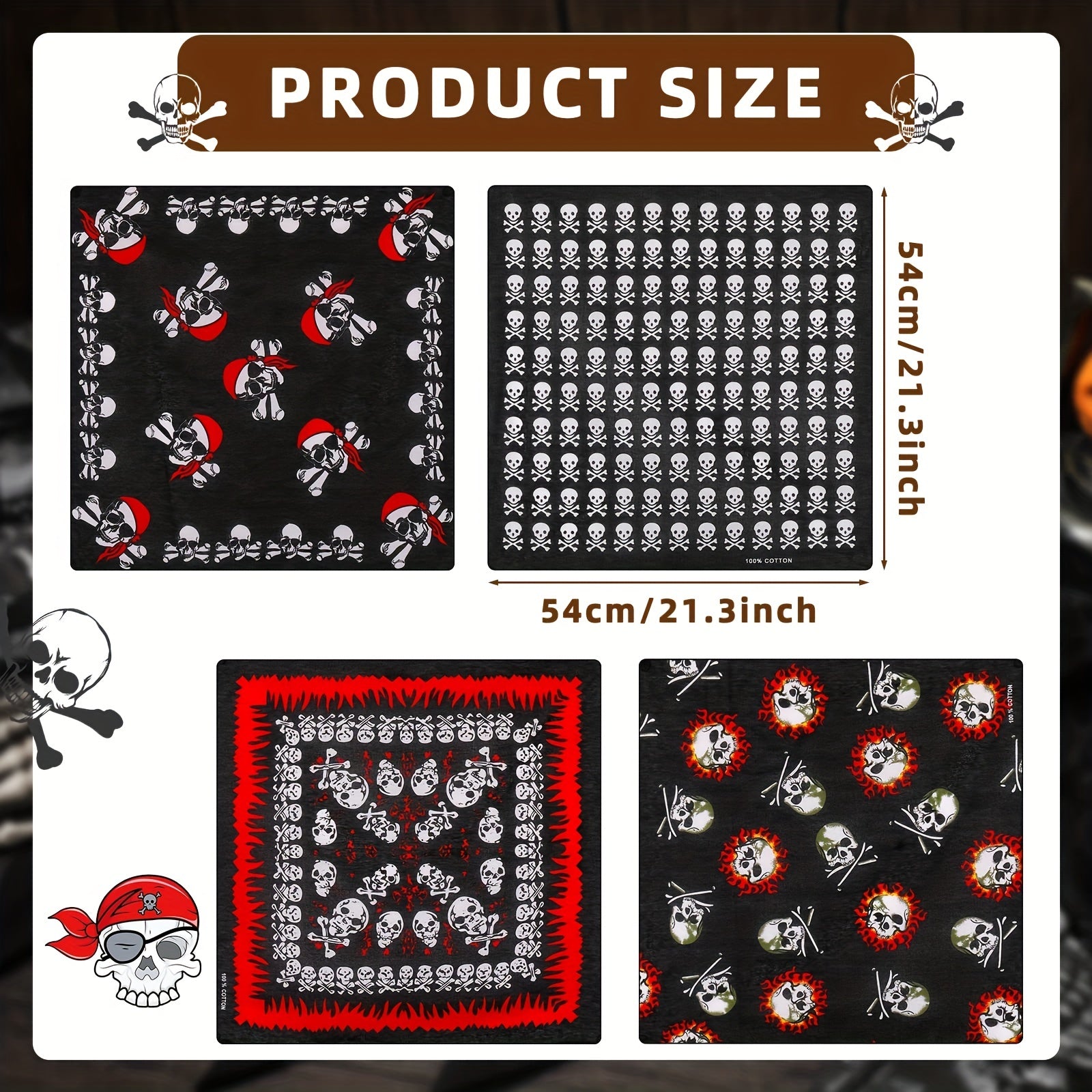 4pcs Bandana For Men Cotton Squares Headwraps Pirate Skull Scarf Neckerchiefs