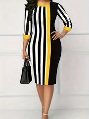 Stripe Print Half Sleeve Round Neck Midi Dress