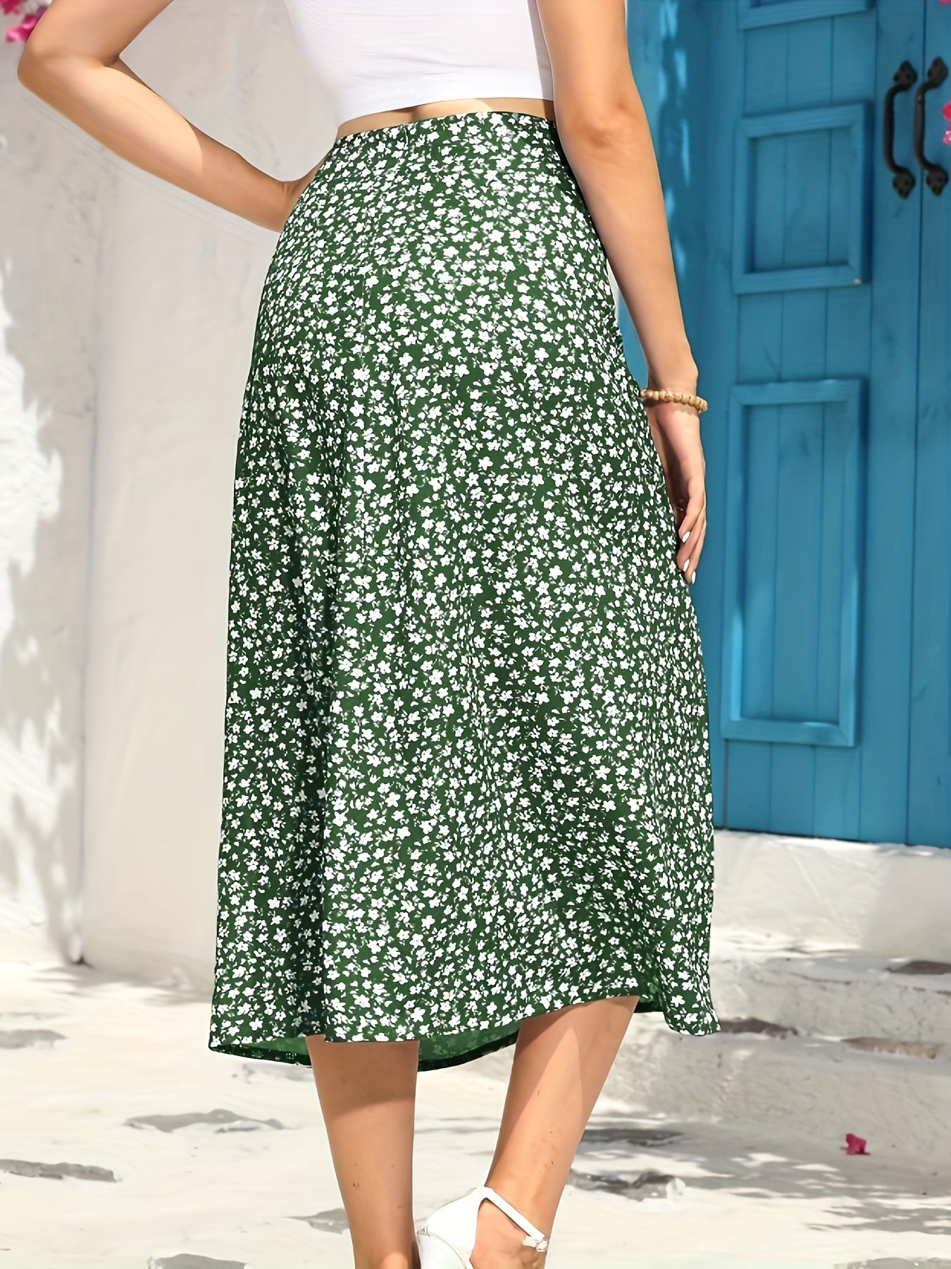 Floral Print Midi Skirt with Side Slit for Summer & Spring