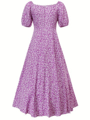 Floral Print Split Neck Puff Sleeve Dress