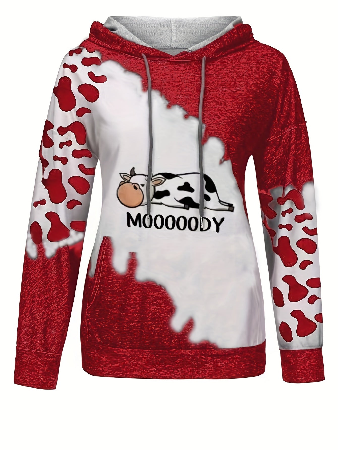 Cow & Letter Print Hoodies Casual Drawstring Kangaroo Pocket