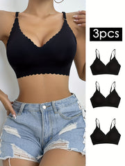 3pcs Seamless Wireless Bras Scallop Trim Intimates Bra Women's Lingerie