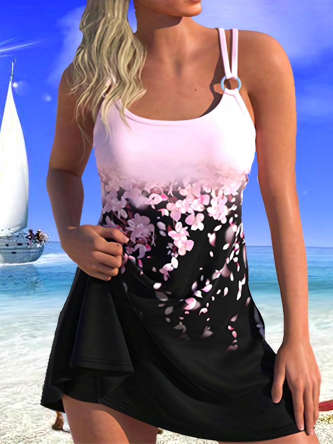 Women's Plus Floral Tankini Set with Ring Decor Tank Top & Shorts