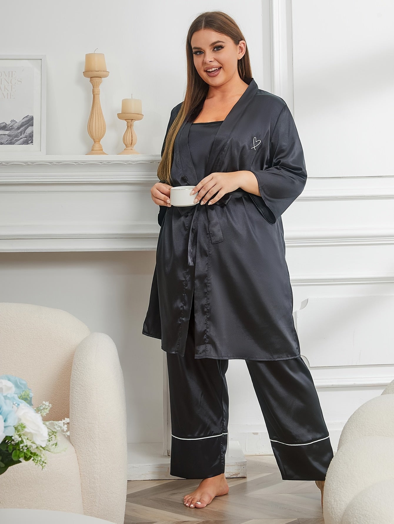 Contrast Pipping Satin Robe & Cami Top & Pants Set